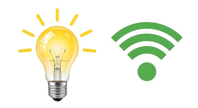 Light bulb with yellow rays and green wi fi symbol yellow light green wifi symbol wireless internet