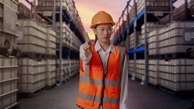 Asian Female Engineer With Safety Helmet Disapproving With No Index Finger Sign While Standing at Warehouse with Containers and Barrels