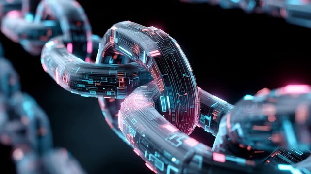 Visualizing blockchain technology through interconnected digital chains representing big data and binary code in a futuristic setting