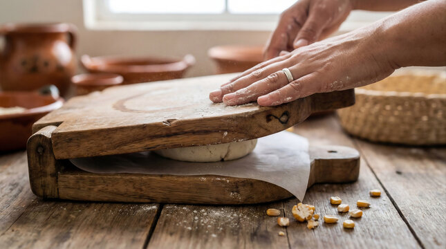 Macro hands dusted with masa flour pressing tortilla in wooden press, stray corn kernels, rustic table