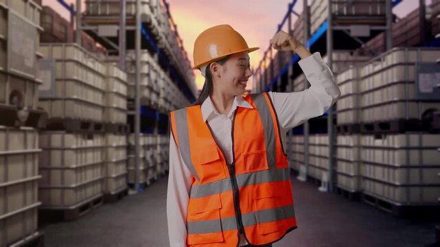 Asian Female Engineer With Safety Helmet Flexing Her Bicep And Smiling To Camera While Standing at Warehouse with Containers and Barrels
