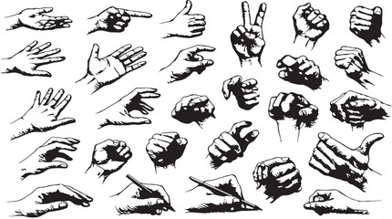 Fototapeta premium Hand Gestures Illustration: A comprehensive collection of hand gestures rendered in a monochromatic artistic style, illustrating various hand movements and expressions.