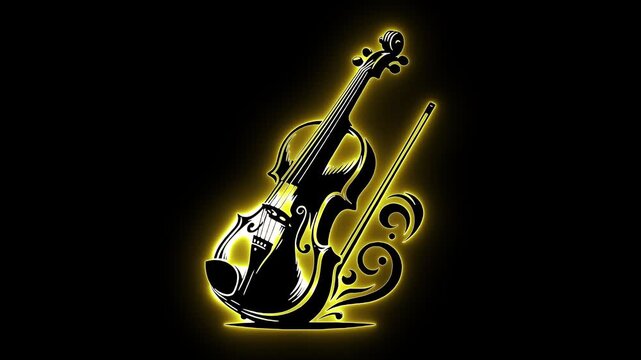 Glowing violin art. Classical music tag. Yellow neon violin. Orchestral design. Violin bow graphic. Luxury music art. Musical swirls. Violin vector icon. Elegant sound art. String instrument.
