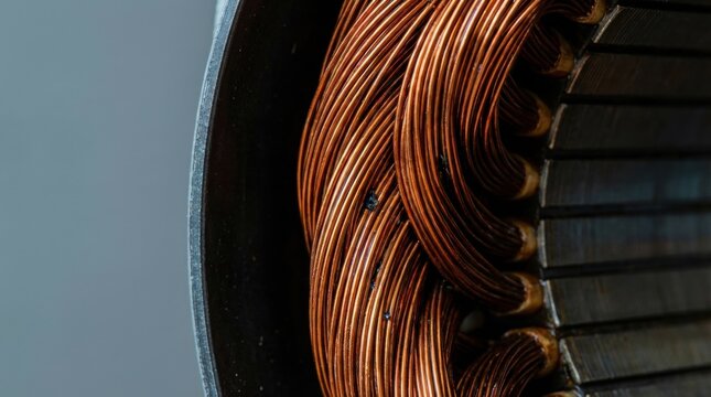 Shiny copper wire windings of an electric motor or generator stator showing intricate electrical components Macro view