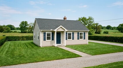 Obraz premium A small, white cottage with a green lawn and a blue door, surrounded by greenery and a clear blue sky.