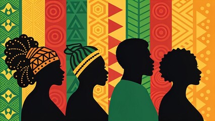 Happy Martin Luther King Day background celebrating Black History Month, diverse silhouettes, African-inspired patterns, unity and equality theme