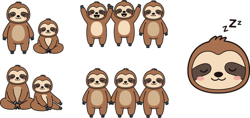 Fototapeta premium Cute sloth character illustration set featuring different poses, sleeping expression, standing positions, and adorable animal cartoon collection in flat vector style