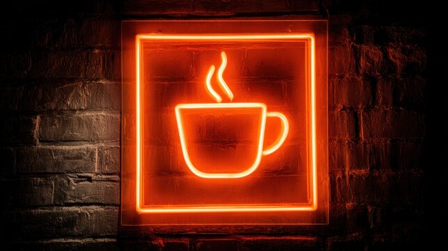 Vibrant Orange Neon Coffee Cup Sign Glowing on Brick Wall.