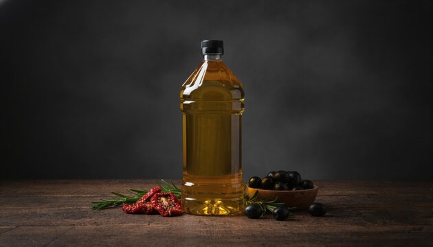 Clear oil bottle on dark oak table with rustic culinary ingredients
