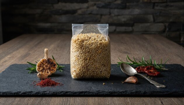 Dark moody fregola sarda packaging with gourmet ingredients