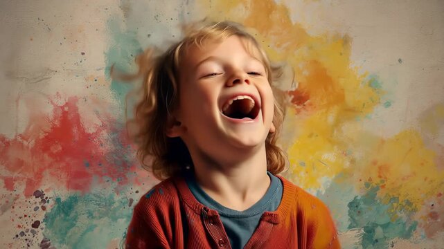Joyful boy with curly hair smiles widely, celebrating with open arms amidst colorful splashes, capturing the essence of happiness and childhood wonder in a vibrant environment