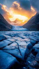 Cracked blue glacier surface with deep crevasses leading toward alpine peaks, illuminated by warm sunrise light and dramatic clouds in a remote icy landscape