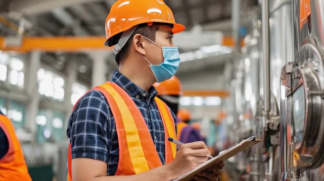 Factory workers engaging in quality control checks while reviewing task lists in an Asian manufacturing facility during working hours