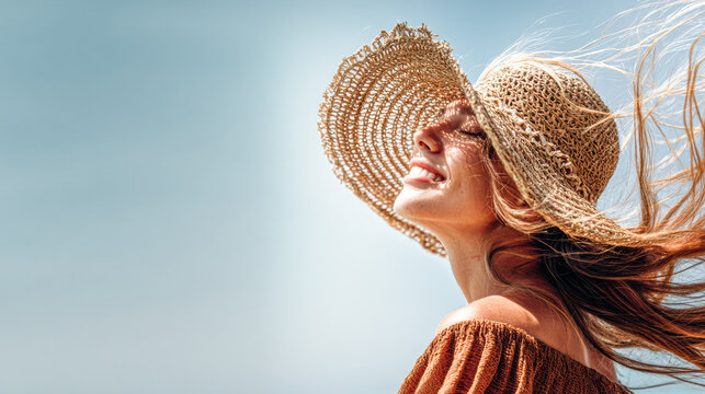 A woman wearing a sun hat smiles joyfully outdoors with the wind blowing her hair under a clear blue sky.
