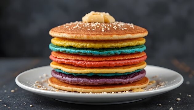 Colorful rainbow pancake stack with syrup on white plate, vibrant layered breakfast treat, fluffy multicolor pancakes with butter topping, creative dessert idea, eye-catching food photography
