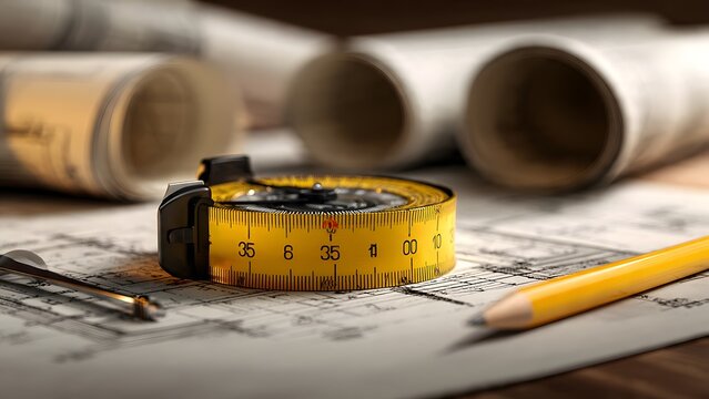 Detailed realistic close up of yellow tape measure end hook aligned with blueprint origin, compass and pencil crossing near title block, blurred rolled plans and drafting templates beyond