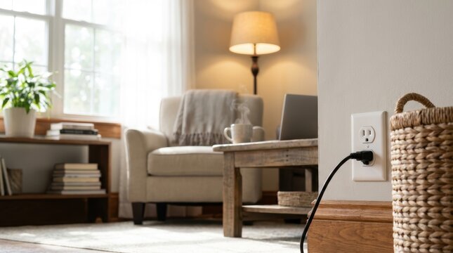 Black cord in a white electrical wall outlet Cozy living room with laptop steaming mugs armchair and window blurs behind