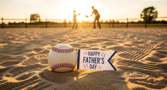 Happy father's day baseball background with sunset and sandy field