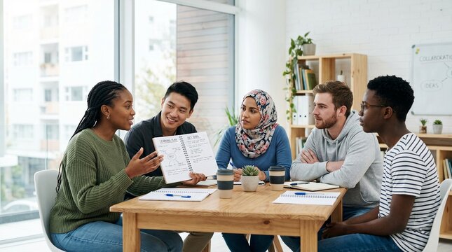 Diverse young team discussing learning plan and collaborating in modern office meeting room