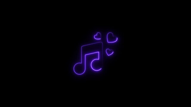 Purple neon musical note with glowing hearts on black background music symbol eighth note love