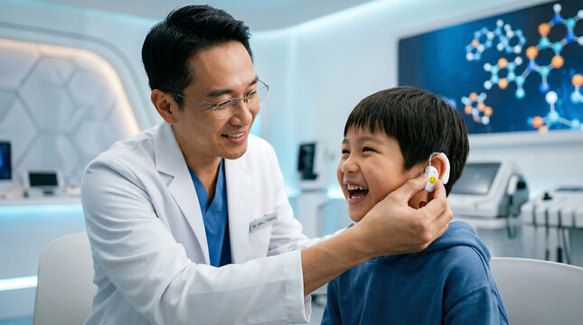 Asian male doctor communicating with boy wearing cochlear implant in hospital.