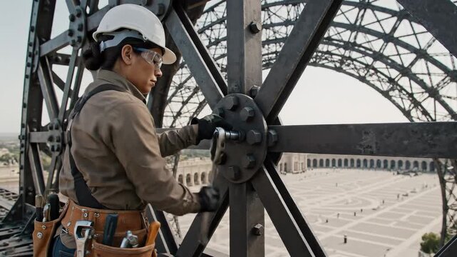 Worker Inspecting and Maintaining the Eiffel Tower Structure for Safety.