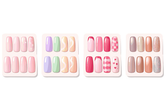 Collection of decorative artificial nails in various pastel colors and patterns