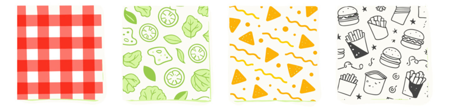 Collection of four distinct doodle patterns featuring food and picnic themes