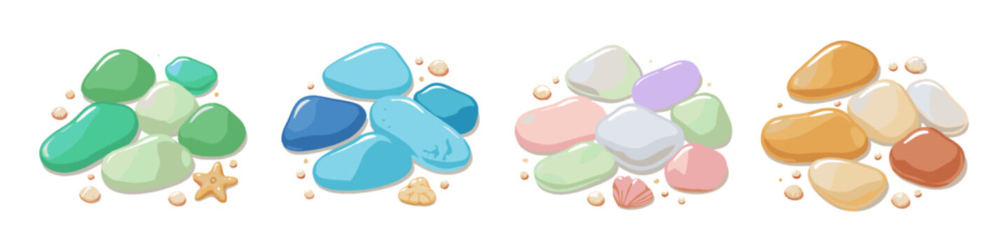 Collection of colorful smooth pebbles and seashells on a sandy beach background