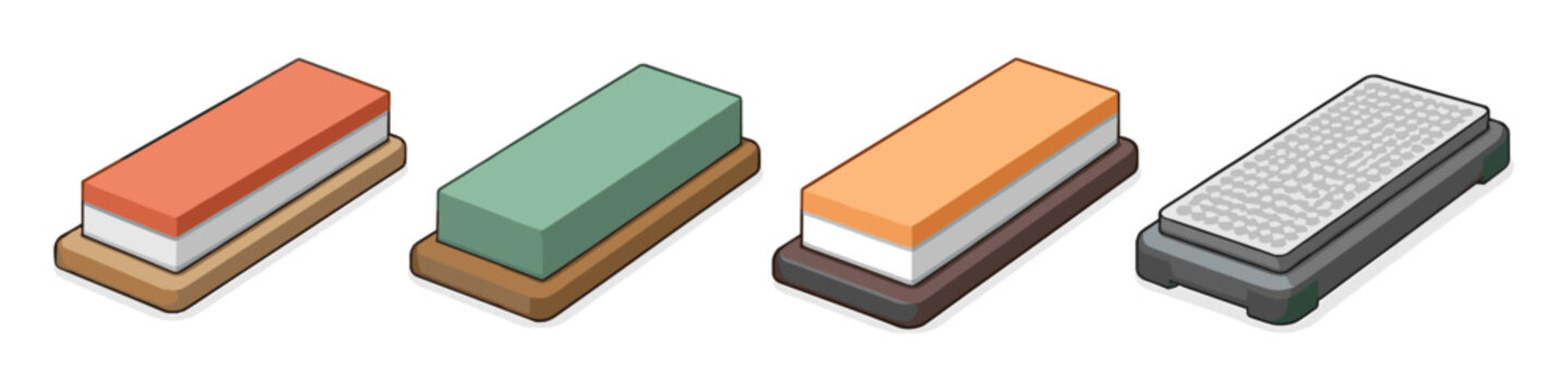 Collection of sharpening stones with different grits and colors on wooden bases