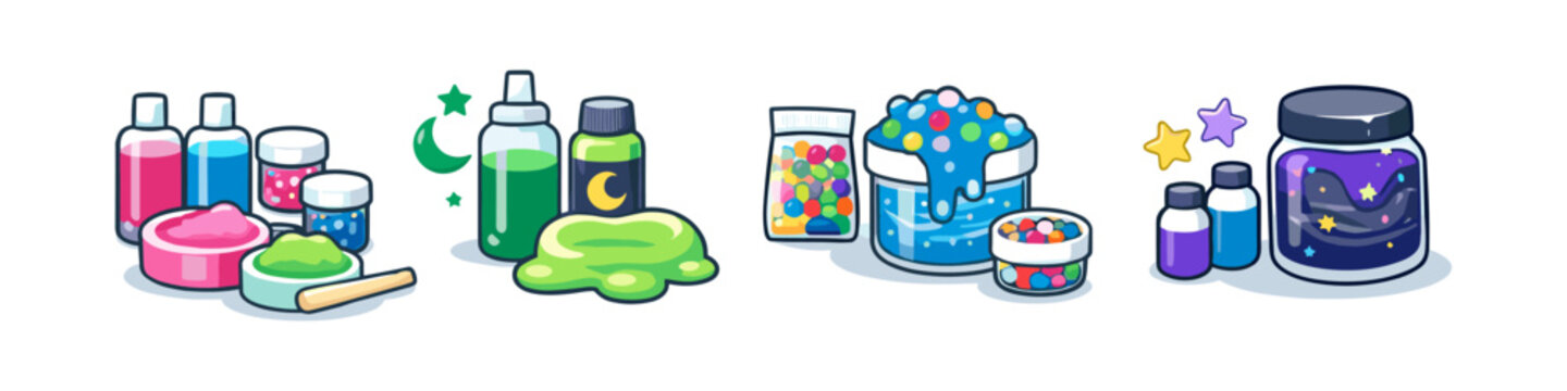 Collection of colorful slime making kits and ingredients for kids