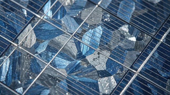 Close up of blue and gray polycrystalline solar panel cells with intricate metallic grid lines visible
