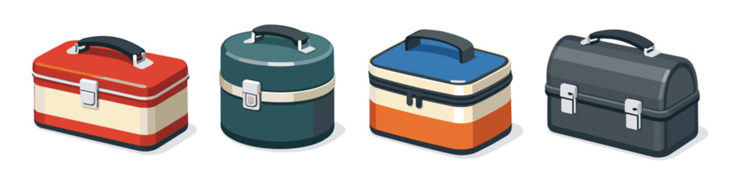 Collection of vintage lunch boxes in various colors and styles
