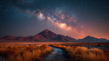 Fototapeta premium Milky Way starry night sky over mountain peak desert landscape dirt road wilderness nature astronomy.