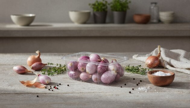 Fresh peeled shallots in clear punnet on rustic table