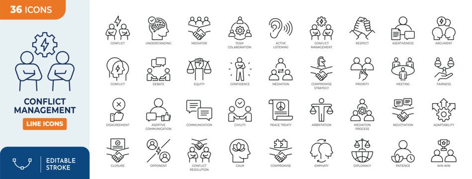 Conflict Management icon set. Containing, conflict, management, negotiation, resolution, mediation, assertiveness, and more. Editable stroke. Vector illustration