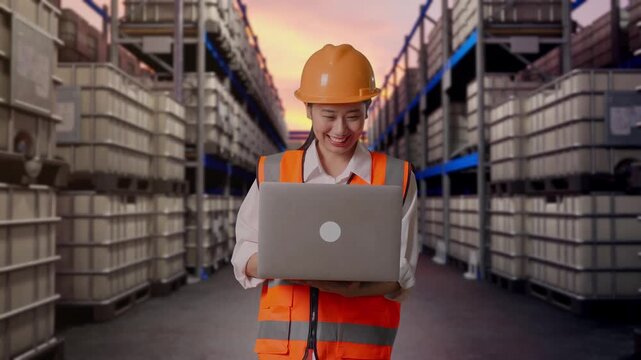 Asian Female Engineer With Safety Helmet Working On A Laptop While Standing at Warehouse with Containers and Barrels