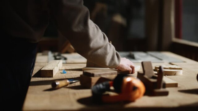 A craftsman carefully assembles a small wooden object on a workbench. The artisan demonstrates woodworking skill and precision in the workshop.