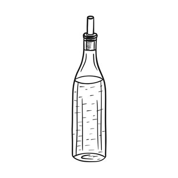 A tall, slender glass bottle containing a liquid or olive oil, topped with a dispenser spout. Sketch-style illustration, hand drawn line art vecto