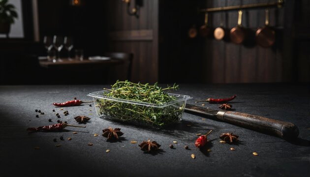 Fresh thyme in punnet on dark slate under dramatic lighting