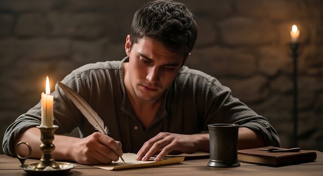 Young Man Writing with Quill Pen by Candlelight in Medieval Setting.