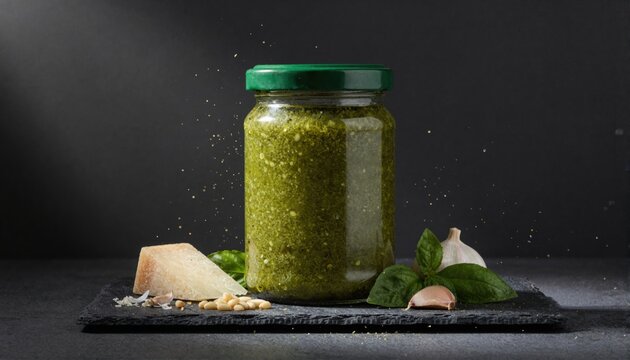 Glass pesto jar on slate with pecorino cheese and pine nuts