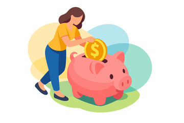 Woman saving money in a piggy bank illustration. © ihsandarujati