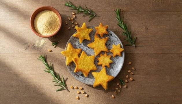 Golden star snacks on rustic table with cornmeal