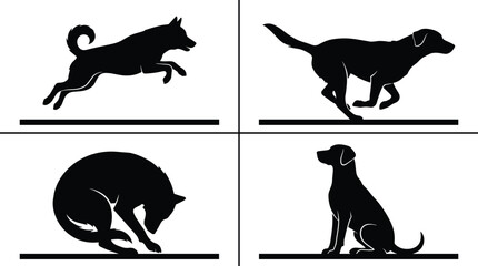 Dog silhouette set running jumping sitting sleeping pet poses black vector illustration isolated animal collection domestic canine design © Atik's World