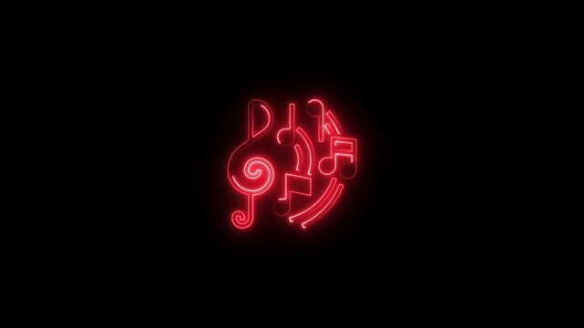 Red neon music notes symbols glowing on black background