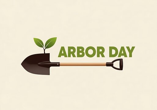 Clean holiday design with a shovel and growing leaves symbolizing nature conservation and the celebration of Arbor Day festivities.