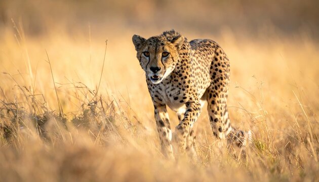 Majestic Cheetah Stalking Through Golden Grasslands in Natural Habitat.