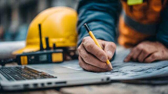 MEP engineer aligning ductwork layout sketches on printed ceiling plans with precise digital airflow calculations on laptop in coordinated building services office