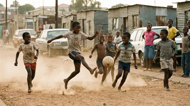 Joyful African Children Playing Energetic Soccer on a Dusty Township Street